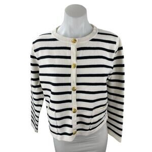 Lillusory Women Black White Striped Long Sleeve Button Up Cardigan Sweater Top M